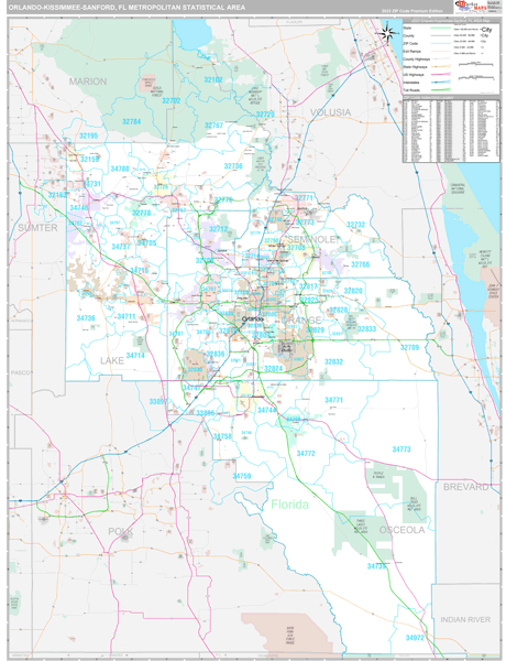 Orlando-Kissimmee-Sanford Metro Area Zip Code Wall Map